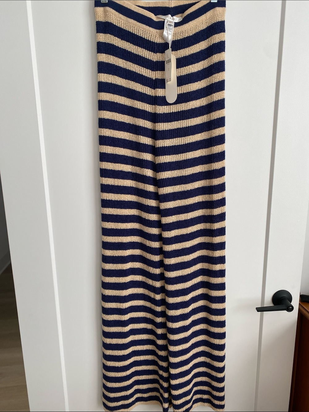 Flat White from anthropology/ Women's Navy and Cream Striped Knit Wide-Leg Pants
